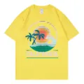 Women loose short sleeve t-shirt, casual summer yellow graphic top, round neck surf tee. - Yellow