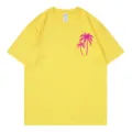 Gelbes kurzärmliges T-Shirt mit Rundhalsausschnitt und pinkem Palmen-Druck für Sommer Damen Alltag. - S / Oberteile / Gelb