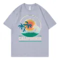 Grey short sleeve t-shirt featuring a retro California sunset and palm tree graphic design. - Gray