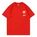 Rotes Kurzarm T-Shirt mit Palmen Sonnenuntergang Grafik Sommer Freizeitkleidung Top - Rot
