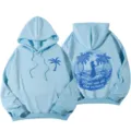Sweat à capuche bleu clair avec imprimé palmier de plage, pull à manches longues. - Bleu Clair