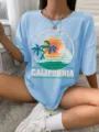 Casual loose short sleeve women t-shirt with California palm tree sunset graphic print. - Light Blue