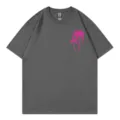 Dunkelgraues Kurzarm Damen T-Shirt mit rosa Palme Motiv Variante für den täglichen Sommerstil. - S / Oberteile / Dunkelgrau