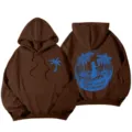 Sweat à capuche marron pour femme, manches longues, design épaules tombantes, imprimé plage. - Café