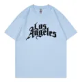 Light blue short-sleeve t-shirt with Los Angeles Gothic text print, casual crewneck tee. - Light Blue