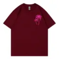 Lässiges Damen Kurzarm T-Shirt in Burgunderrot mit pinkem Palmenmuster für den Sommer. - S / Oberteile / Burgunderrot