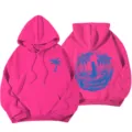 Sweat à capuche rose vif pour femme, pull à manches longues et épaules tombantes motif plage. - Rose rouge