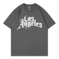 Casual dark grey short sleeve crew neck t-shirt with Los Angeles letter print for women. - Dark Gray
