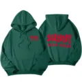 Women drop shoulder hooded sweatshirt green with red graphic print, casual streetwear pullover. - S / Top And Bottom / Dark Green