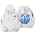 Sweat à capuche blanc à épaules tombantes avec imprimé plage océan bleu haut décontracté - Blanc Grisâtre