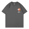 Dunkelgraues Kurzarm T-Shirt mit Rundhalsausschnitt und Palmen-Sonnenuntergang Design für Sommer. - Dunkelgrau