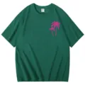Lässiges grünes Kurzarm T-Shirt mit rosa Palmen Grafik Druck für Damen im Sommer. - S / Oberteile / Dunkelgrün