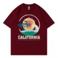 Vintage California Sunset Surfing Graphic Print Short Sleeve Casual Crewneck T-Shirt - Burgundy