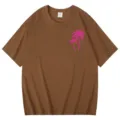 Braunes Kurzarm-T-Shirt mit pinkem Palmen-Print, lässiges Rundhals-Sommertop für Damen. - S / Oberteile / Kaffeebraun