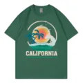 Retro California Sunset Surfing Graphic T-Shirt Casual Loose Short Sleeve Green Top - Dark Green