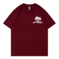 Maroon short sleeve T-shirt with palm tree graphic and crew neck. Casual summer top for women. - S / Tops / Burgundy