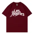 Burgundy Los Angeles Print Short Sleeve Crewneck T-Shirt for Women Casual Top Daily - Burgundy