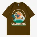 Retro California surf print short sleeve t-shirt, casual brown cotton top for women. - Coffee