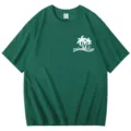 Green short sleeve crewneck t-shirt with palm tree print casual summer loose top for women - S / Tops / Dark Green
