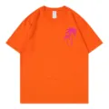 Orangenes Kurzarm T-Shirt mit rosa Palmen Print Freizeit Sommer Hawaii Oberteil - S / Oberteile / Orange