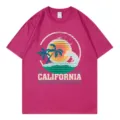 Women's retro California sunset palm tree print short sleeve casual crewneck t-shirt - Rose Red