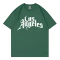 Green short sleeve round neck t-shirt for women with Los Angeles letter print casual top - Dark Green