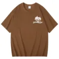 Brown short sleeve t-shirt with palm tree graphic, casual loose fit round neck top for women. - S / Tops / Coffee