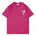 Magenta short sleeve t-shirt with white palm tree print, casual round neck summer top. - S / Tops / Rose Red