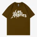 Casual brown cotton crewneck short sleeve t-shirt featuring stylish Los Angeles print. - Coffee