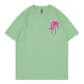 Lockeres hellgrünes Damen Kurzarm T-Shirt mit modischem rosa Palmen-Grafikprint. - S / Oberteile / Bohnengrün