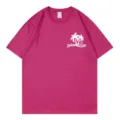 Casual women's fuchsia short sleeve t-shirt featuring a tropical palm tree chest graphic design. - S / Tops / Rose Red
