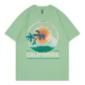 Casual light green short sleeve t-shirt for women, featuring a retro California beach sunset print. - Bean Green