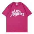 Women casual pink short sleeve crewneck t-shirt with Los Angeles graphic print daily wear - Rose Red
