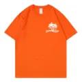 Orange short sleeve t-shirt variant featuring palm tree graphic and classic crew neck. - S / Tops / Orange