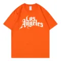 Orange short sleeve crew neck t shirt with white Los Angeles graphic print for women casual wear - Orange