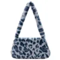 Detailed front view of blue leopard print faux fur vintage baguette shoulder bag - Blue Leopard