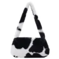 Chic black and white cow print plush underarm bag with soft faux fur texture for women - Big Cow Black