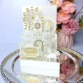 Elegant 3D pop-up laser cut invitation card with gold foil castle and horse carriage - White Four-Fold Wedding Card