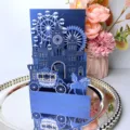 Laser cut 3D pop up wedding invitation card with dark blue castle and carriage design - Blue Four-Fold Wedding Card