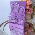 Elegant laser-cut purple 3D pop-up wedding invitation with silver glitter castle - Purple Four-Fold Wedding Card