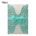 Set of 10 laser-cut teal wedding invitation cards with elegant satin bow ribbon - 10 Pieces Pack / QT-03 Blue