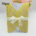 10pcs elegant laser cut gold glitter wedding invitation card with white ribbon bow - 10 Pieces Pack / QT-05 Gold