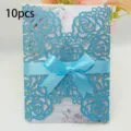 10pcs set of blue glitter laser-cut wedding invitation cards with light blue ribbon bow - 10 Pieces Pack / QT-05 Blue