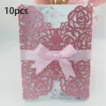 10pcs elegant pink glitter laser-cut floral wedding invitation card with ribbon bow - 10 Pieces Pack / QT-05 Rose Gold