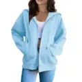 Casual light blue zip-up hoodie for women, plus size loose long sleeve hooded sweatshirt. - Light Blue