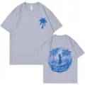 Grey cotton short sleeve t-shirt with blue palm tree and ocean back print casual top. - Gray