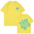 Yellow cotton short sleeve T-shirt with blue palm and floral back print for summer. - S / Tops / Yellow