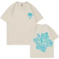 Casual 200g cotton short sleeve t-shirt beige with palm and floral print front and back. - S / Tops / Beige