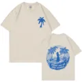 Classic beige cotton short sleeve t-shirt with front chest palm tree and back ocean graphic. - Beige