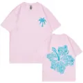 Pink cotton short sleeve t-shirt with palm tree chest print and floral back graphic. - S / Tops / Pink 317